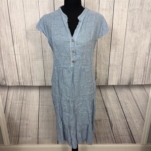 Francesca Bettini Women's XL Blue Linen Tiered Shift Cap Sleeve Dress Italy